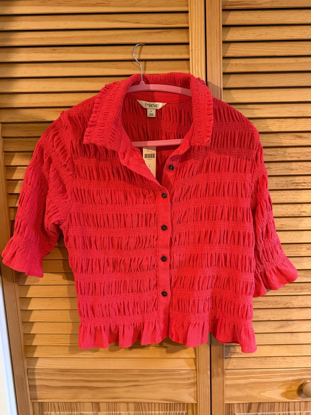 Maeve Coral Red Textured Button-Down Short Sleeve Top